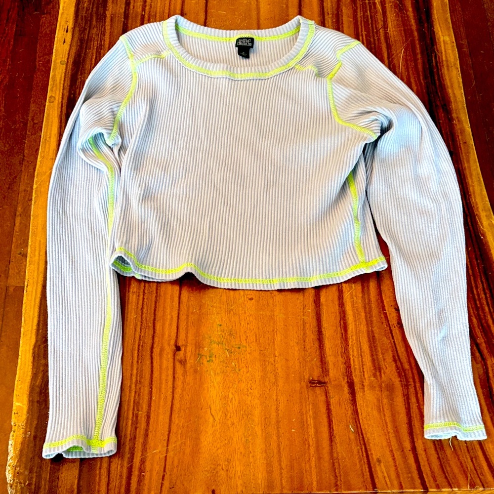 Wild Fable Light Blue Ribbed Long Sleeve with Neon Trim